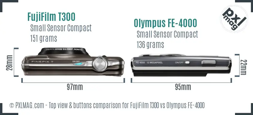FujiFilm T300 vs Olympus FE-4000 top view buttons comparison