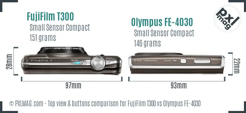 FujiFilm T300 vs Olympus FE-4030 top view buttons comparison