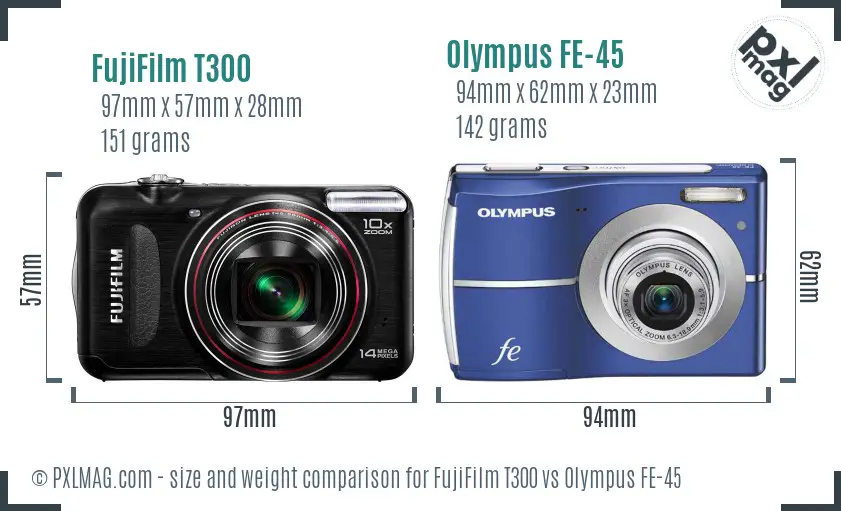 FujiFilm T300 vs Olympus FE-45 size comparison