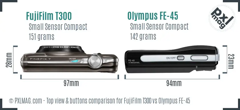 FujiFilm T300 vs Olympus FE-45 top view buttons comparison