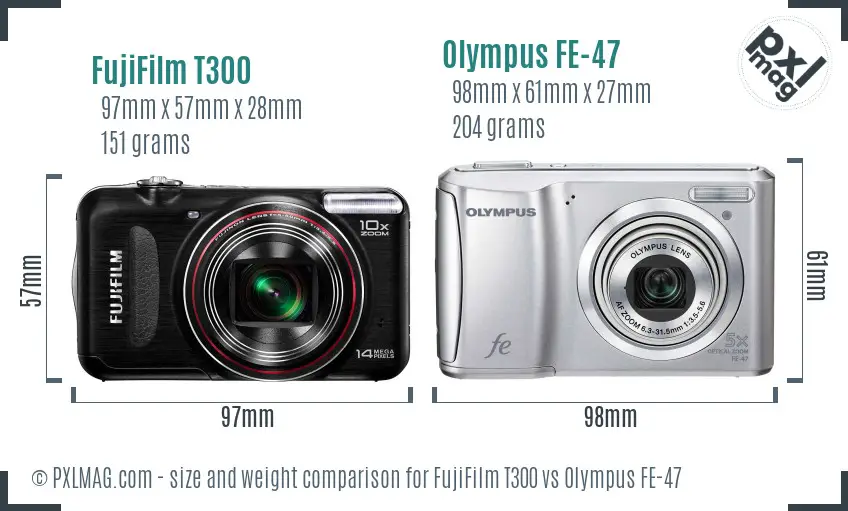 FujiFilm T300 vs Olympus FE-47 size comparison