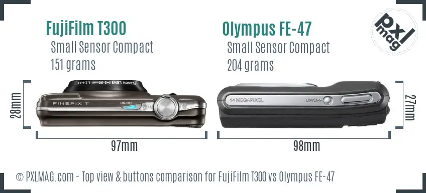 FujiFilm T300 vs Olympus FE-47 top view buttons comparison