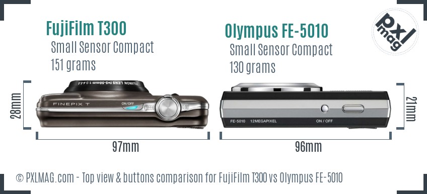 FujiFilm T300 vs Olympus FE-5010 top view buttons comparison