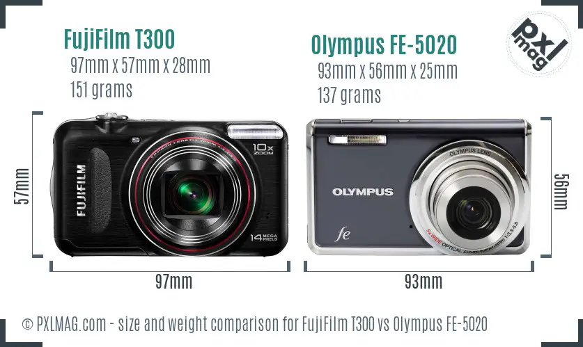 FujiFilm T300 vs Olympus FE-5020 size comparison