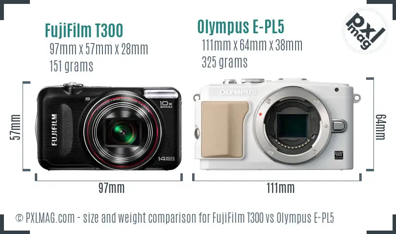 FujiFilm T300 vs Olympus E-PL5 size comparison