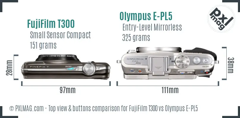 FujiFilm T300 vs Olympus E-PL5 top view buttons comparison