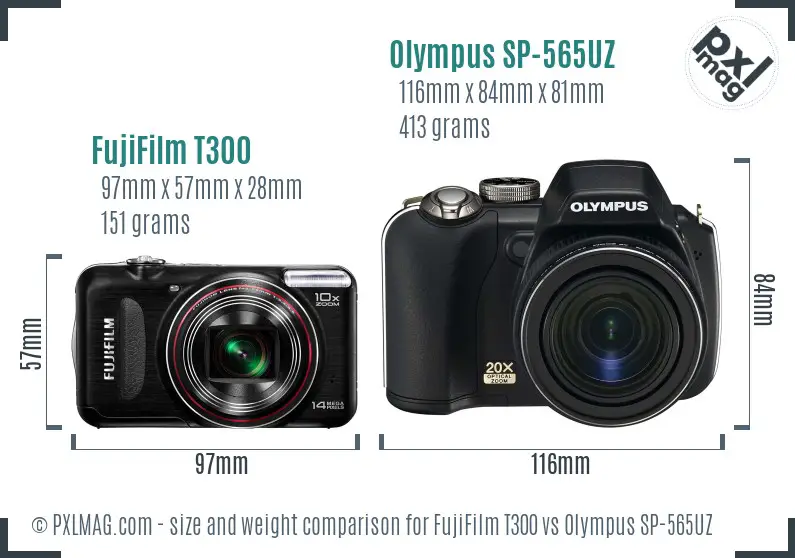 FujiFilm T300 vs Olympus SP-565UZ size comparison
