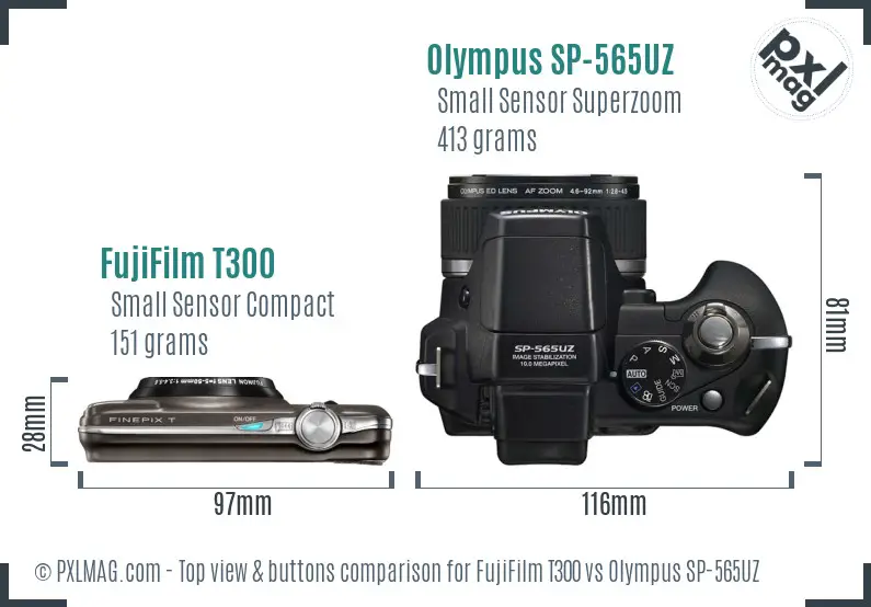 FujiFilm T300 vs Olympus SP-565UZ top view buttons comparison