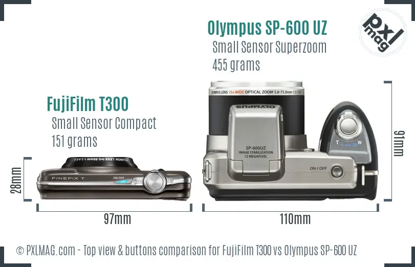 FujiFilm T300 vs Olympus SP-600 UZ top view buttons comparison