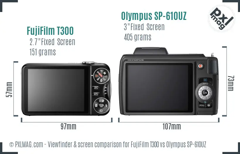 FujiFilm T300 vs Olympus SP-610UZ Screen and Viewfinder comparison