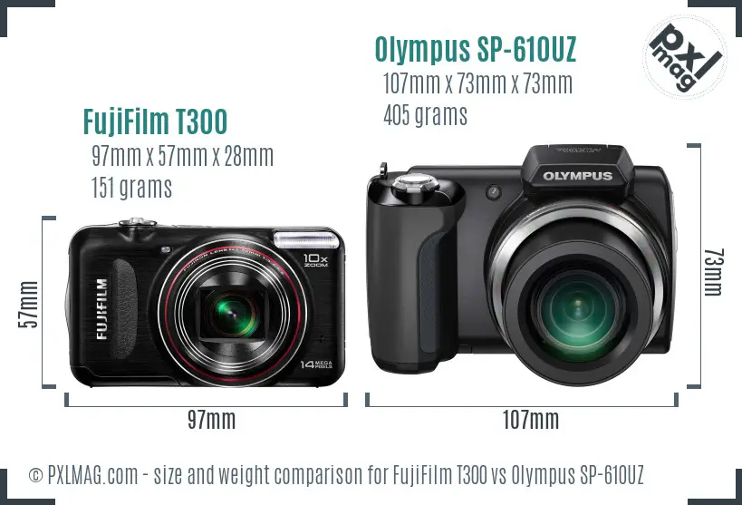 FujiFilm T300 vs Olympus SP-610UZ size comparison