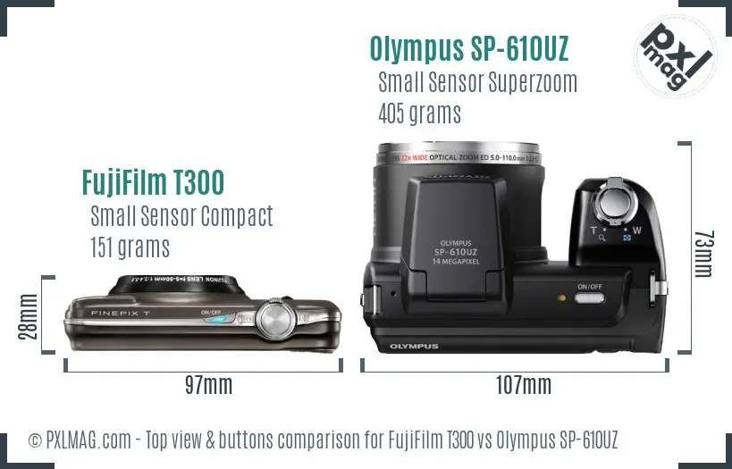FujiFilm T300 vs Olympus SP-610UZ top view buttons comparison