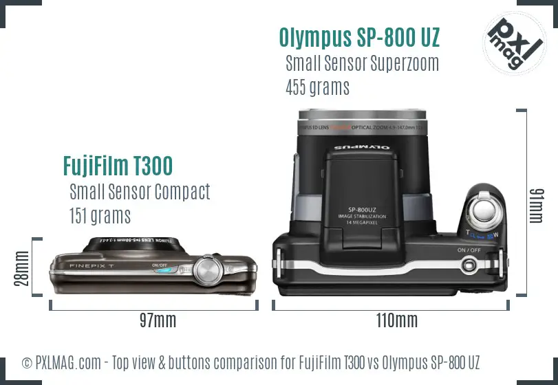 FujiFilm T300 vs Olympus SP-800 UZ top view buttons comparison