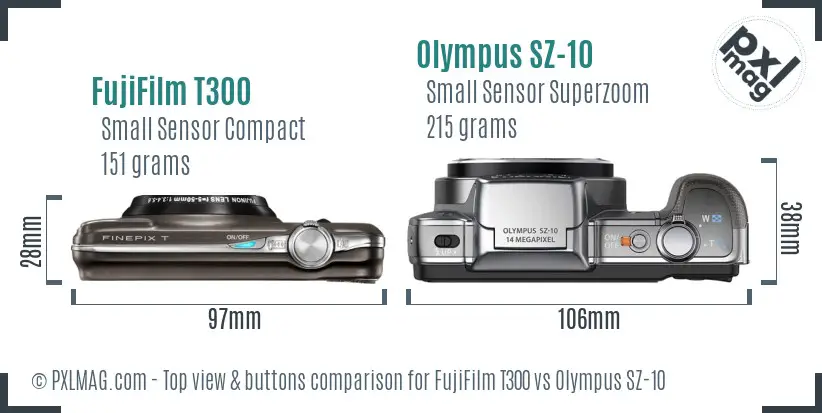 FujiFilm T300 vs Olympus SZ-10 top view buttons comparison