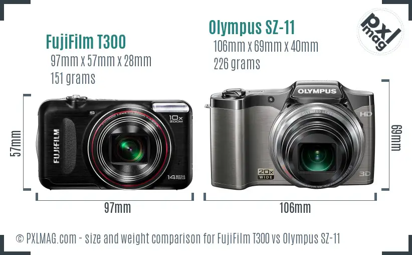 FujiFilm T300 vs Olympus SZ-11 size comparison