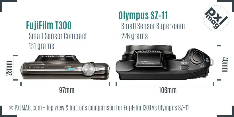 FujiFilm T300 vs Olympus SZ-11 top view buttons comparison