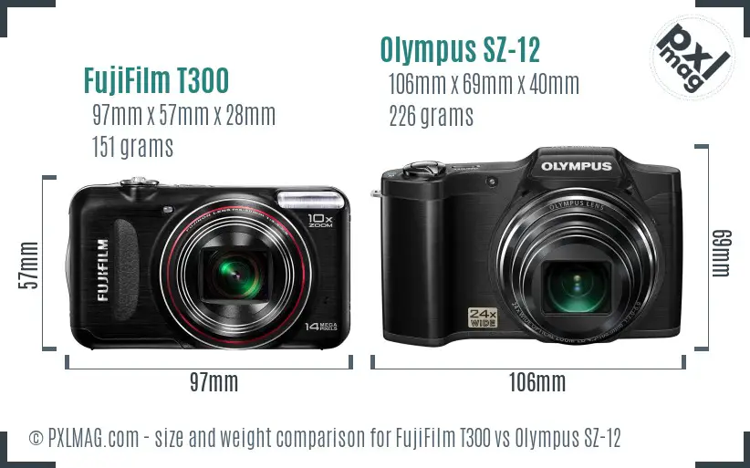 FujiFilm T300 vs Olympus SZ-12 size comparison