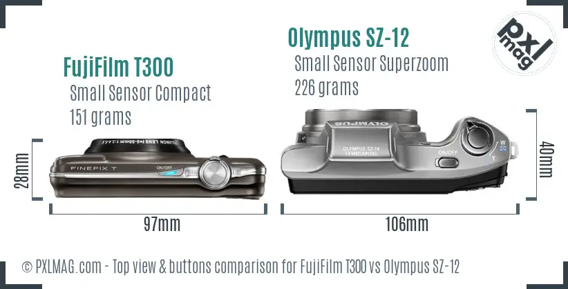 FujiFilm T300 vs Olympus SZ-12 top view buttons comparison