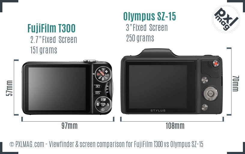 FujiFilm T300 vs Olympus SZ-15 Screen and Viewfinder comparison