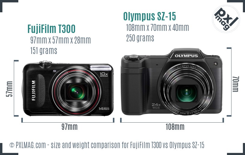 FujiFilm T300 vs Olympus SZ-15 size comparison