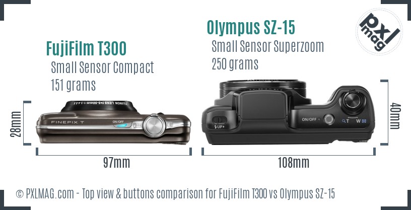 FujiFilm T300 vs Olympus SZ-15 top view buttons comparison
