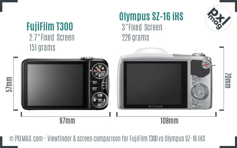 FujiFilm T300 vs Olympus SZ-16 iHS Screen and Viewfinder comparison