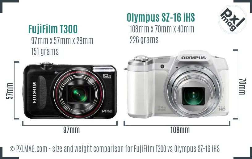 FujiFilm T300 vs Olympus SZ-16 iHS size comparison FujiFilm T300 vs Olympus SZ-16 iHS size comparison
