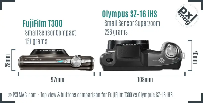 FujiFilm T300 vs Olympus SZ-16 iHS top view buttons comparison