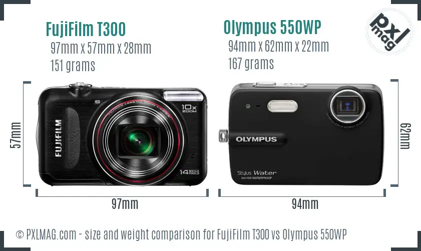 FujiFilm T300 vs Olympus 550WP size comparison