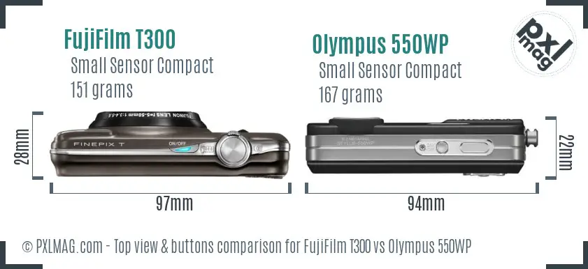 FujiFilm T300 vs Olympus 550WP top view buttons comparison