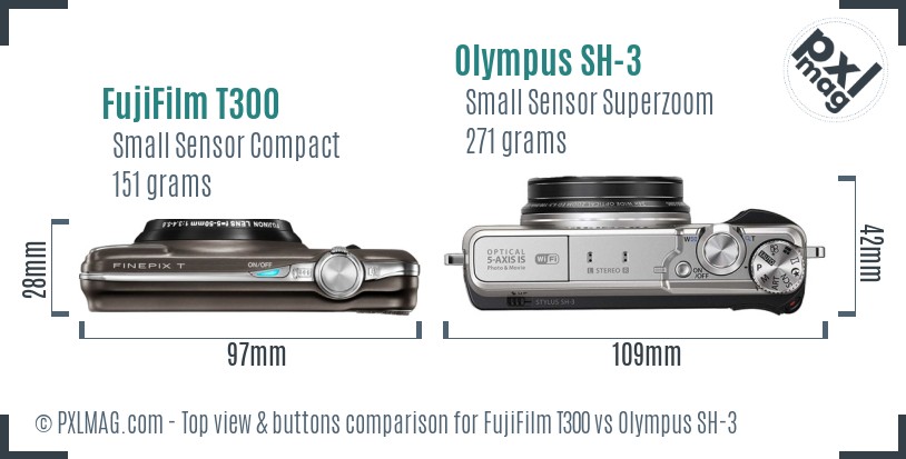FujiFilm T300 vs Olympus SH-3 top view buttons comparison