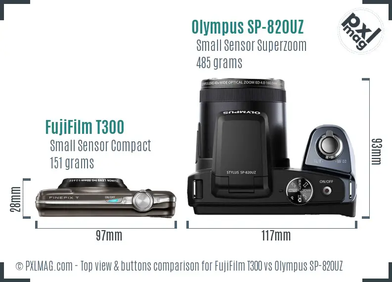 FujiFilm T300 vs Olympus SP-820UZ top view buttons comparison