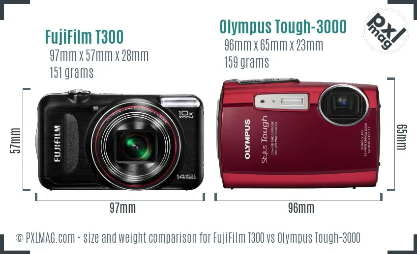 FujiFilm T300 vs Olympus Tough-3000 size comparison