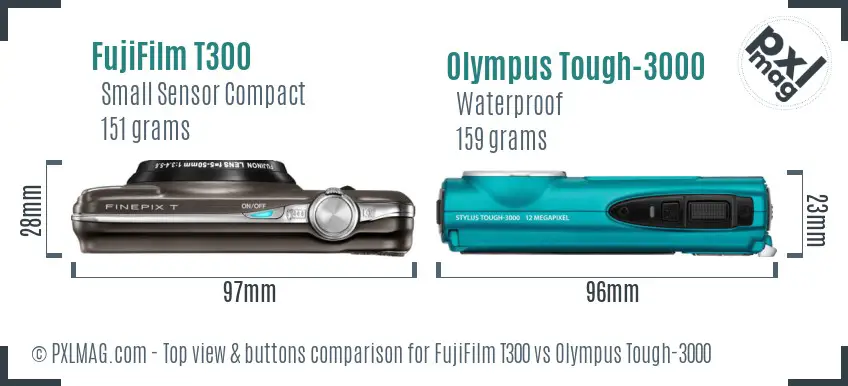 FujiFilm T300 vs Olympus Tough-3000 top view buttons comparison