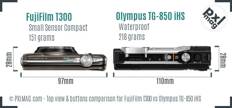 FujiFilm T300 vs Olympus TG-850 iHS top view buttons comparison FujiFilm T300 vs Olympus TG-850 iHS top view buttons comparison