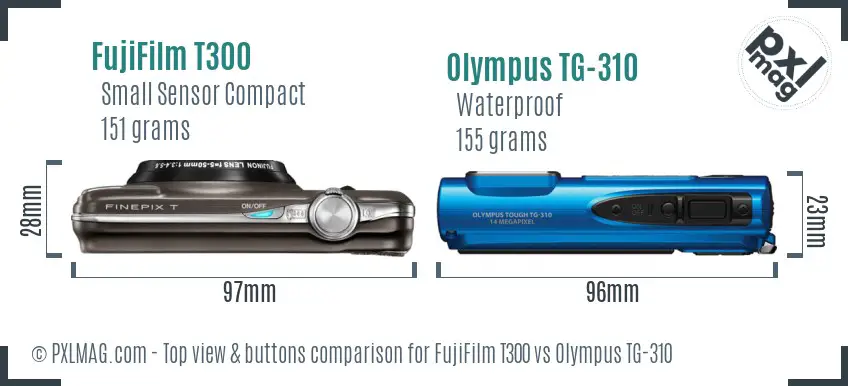 FujiFilm T300 vs Olympus TG-310 top view buttons comparison