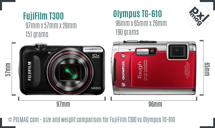 FujiFilm T300 vs Olympus TG-610 size comparison