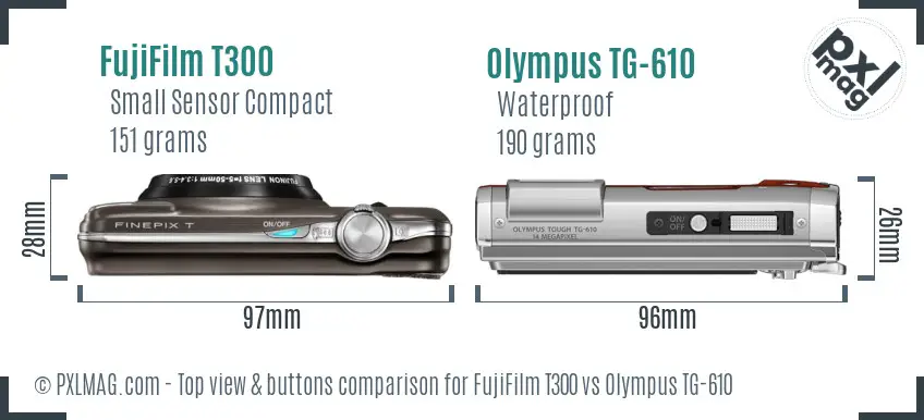 FujiFilm T300 vs Olympus TG-610 top view buttons comparison