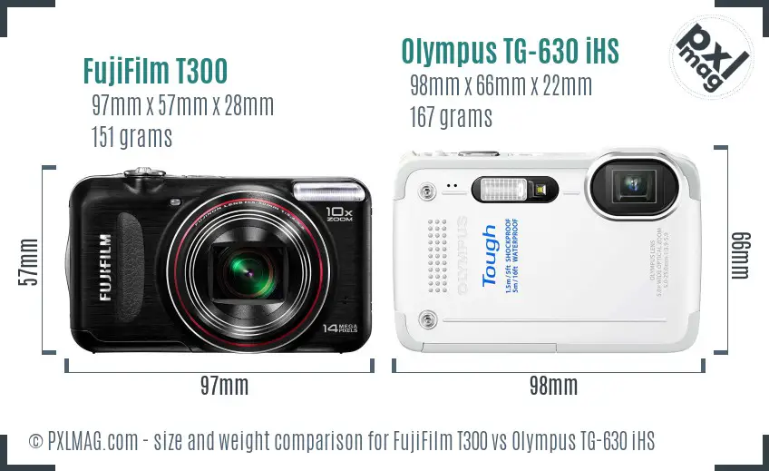 FujiFilm T300 vs Olympus TG-630 iHS size comparison