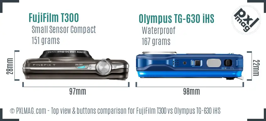 FujiFilm T300 vs Olympus TG-630 iHS top view buttons comparison
