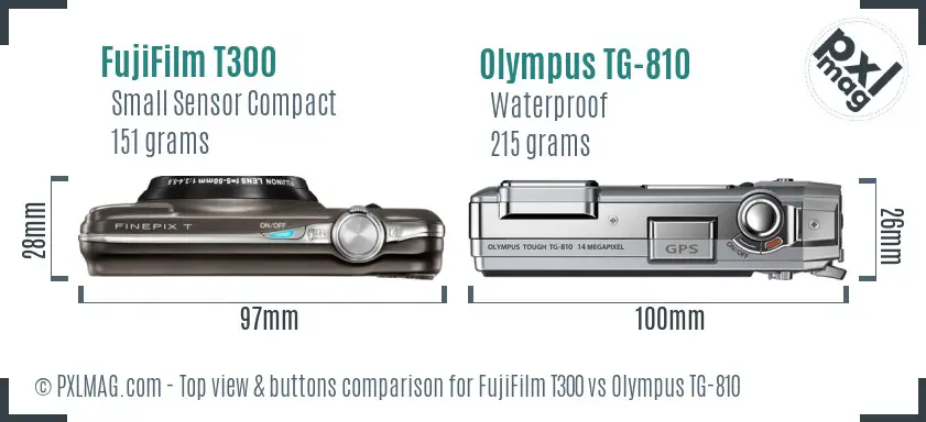 FujiFilm T300 vs Olympus TG-810 top view buttons comparison