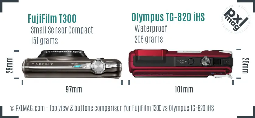 FujiFilm T300 vs Olympus TG-820 iHS top view buttons comparison