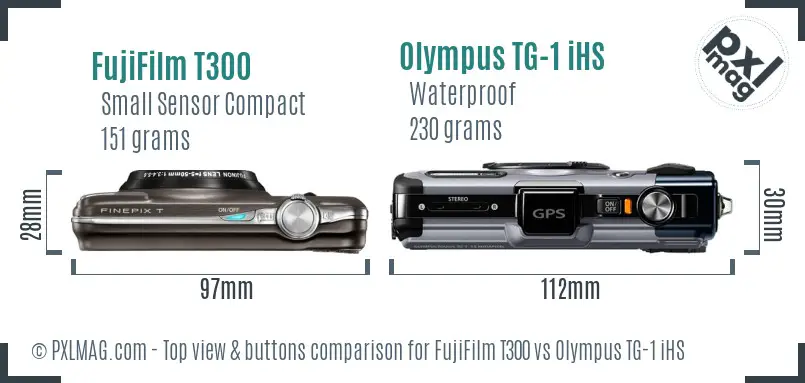 FujiFilm T300 vs Olympus TG-1 iHS top view buttons comparison