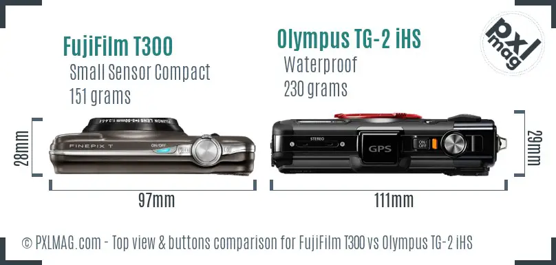 FujiFilm T300 vs Olympus TG-2 iHS top view buttons comparison