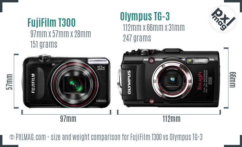 FujiFilm T300 vs Olympus TG-3 size comparison