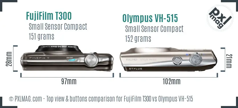 FujiFilm T300 vs Olympus VH-515 top view buttons comparison FujiFilm T300 vs Olympus VH-515 top view buttons comparison