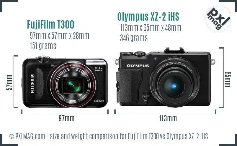 FujiFilm T300 vs Olympus XZ-2 iHS size comparison