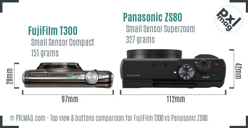 FujiFilm T300 vs Panasonic ZS80 top view buttons comparison