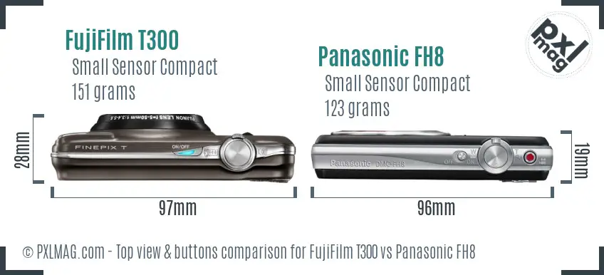 FujiFilm T300 vs Panasonic FH8 top view buttons comparison FujiFilm T300 vs Panasonic FH8 top view buttons comparison