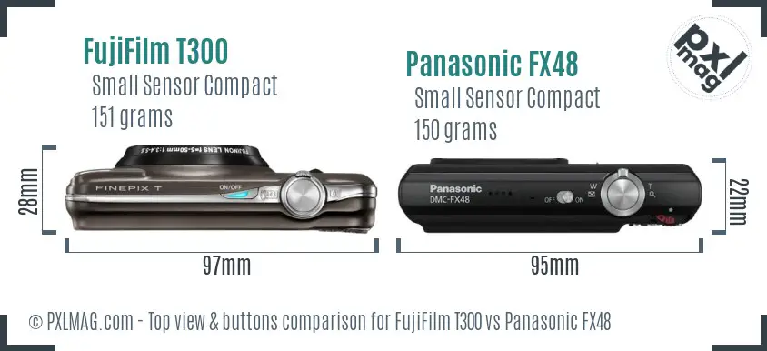 FujiFilm T300 vs Panasonic FX48 top view buttons comparison